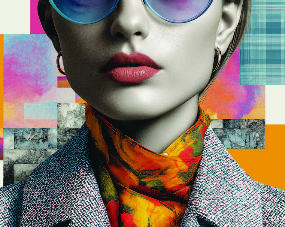 Portrait artistique d’une femme au style vintage, lunettes bleutées et rouge à lèvres rouge — illustration du lien entre vêtements, style et humeur