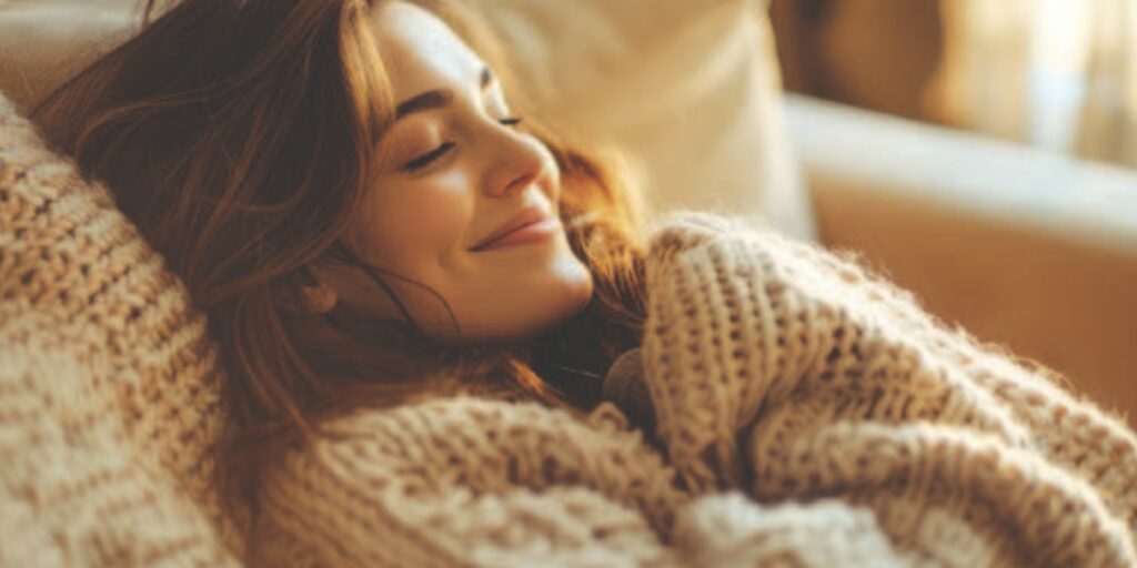 Femme souriante lovée dans une couverture, ambiance douce et hivernale — chronique « Hiberner est un art » (Lumina)