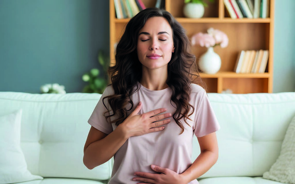 Femme assise, main sur le ventre, respiration calme : réapprendre a écouter les signaux du corps.