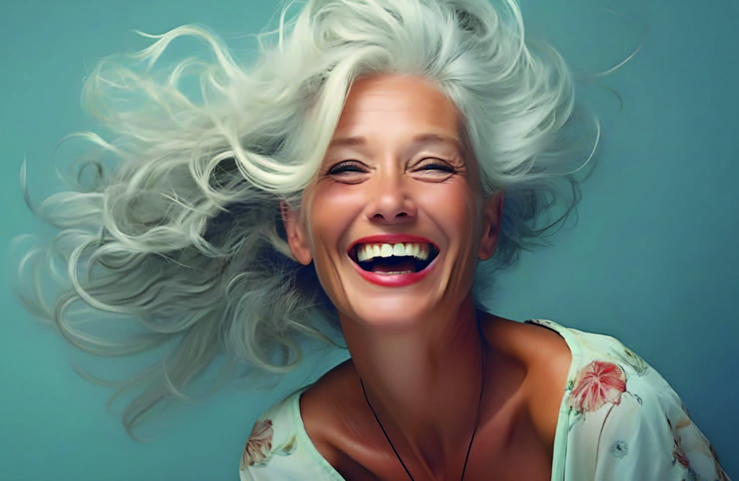 Femme aux cheveux blancs souriante : joie, liberté et confiance après 50 ans.