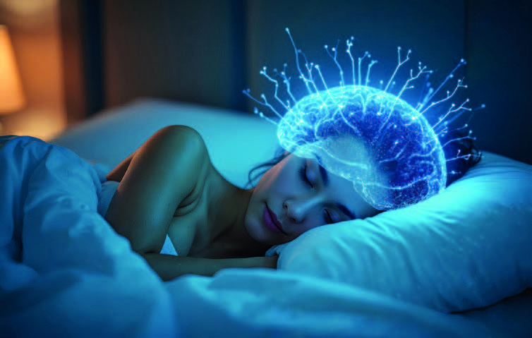Femme endormie avec une illustration du cerveau, symbole du rôle du système nerveux dans le sommeil.