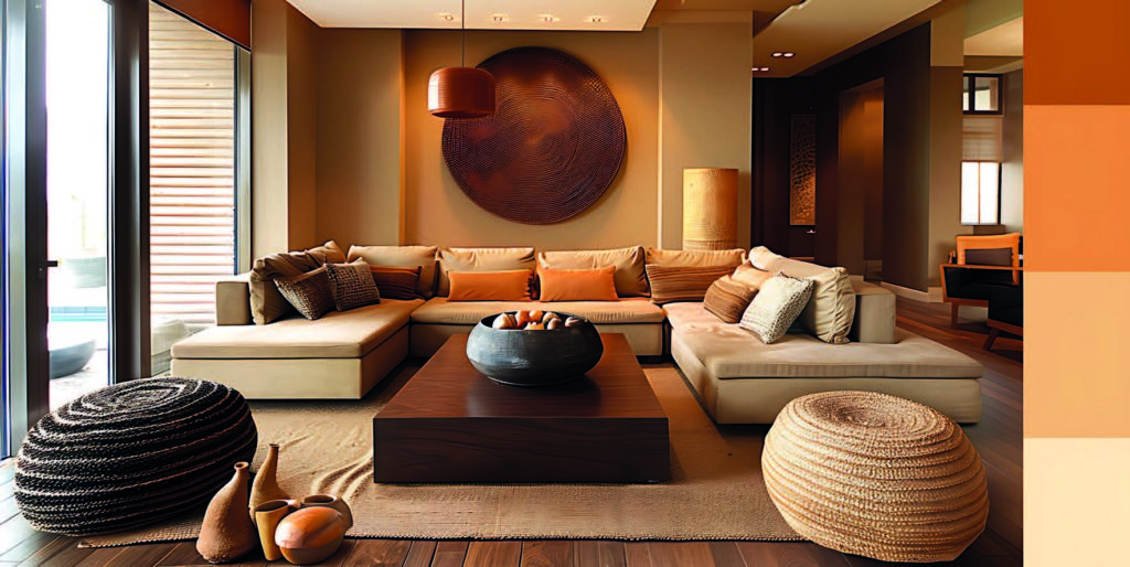 Salon aux tons ocre et beige avec canapé clair, table basse sombre et pouf rond tressé.