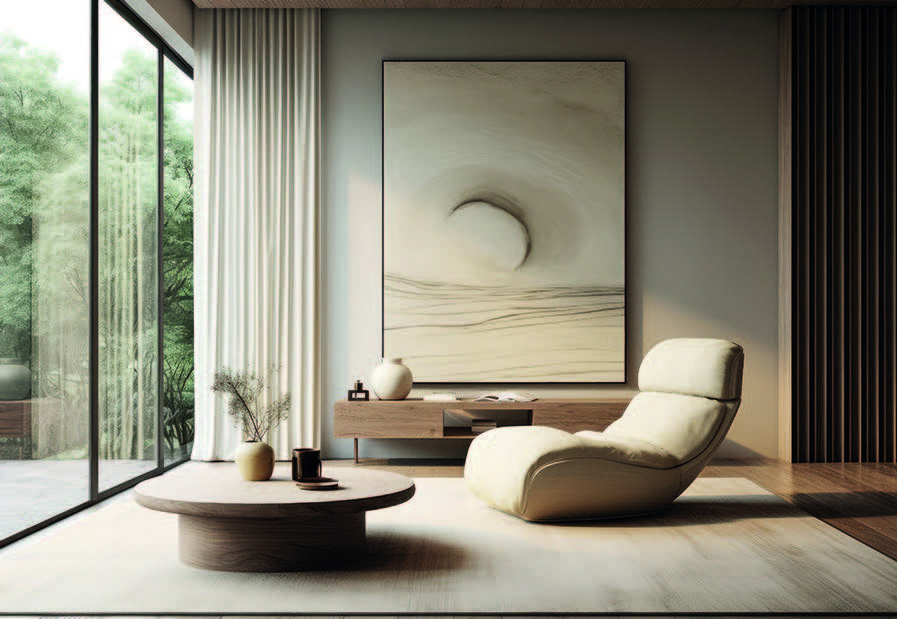 Coin détente avec fauteuil bas, table ronde et tableau dans une pièce éclairée par une grande fenêtre.