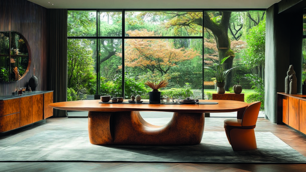 Salle à manger avec table en bois aux formes arrondies et grande baie vitrée donnant sur des arbres.