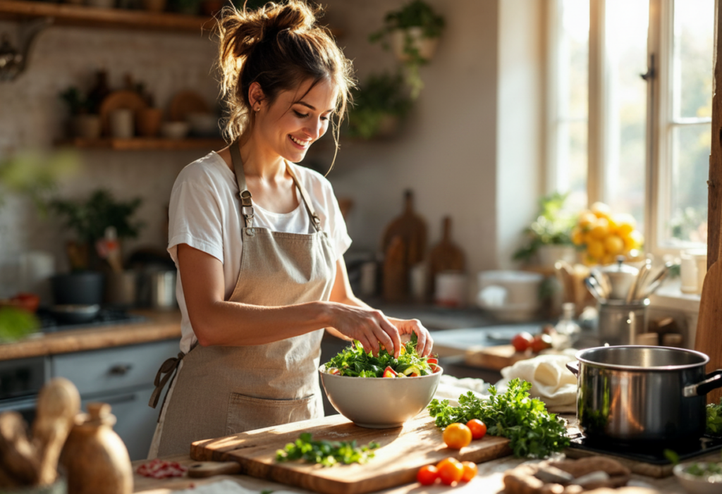 Une femme portant un tablier prépare une salade dans une cuisine lumineuse.