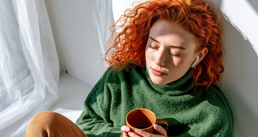 Une femme aux yeux fermés, allongée sur un lit aux draps couleur terracotta.