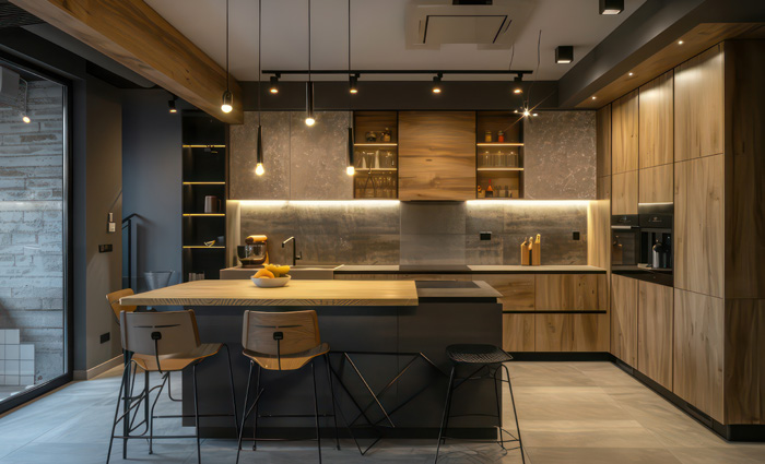 Cuisine en bois avec îlot central, tabourets et éclairages suspendus dans une ambiance tamisée.