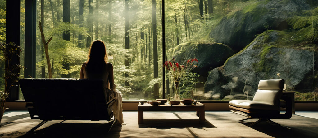 Personne assise dans un fauteuil face à une grande baie vitrée donnant sur une forêt et des rochers.