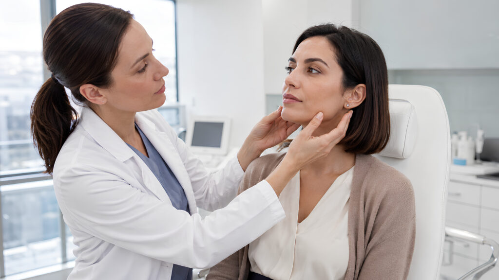 Une professionnelle en blouse blanche examine le visage d’une femme assise dans un cabinet.