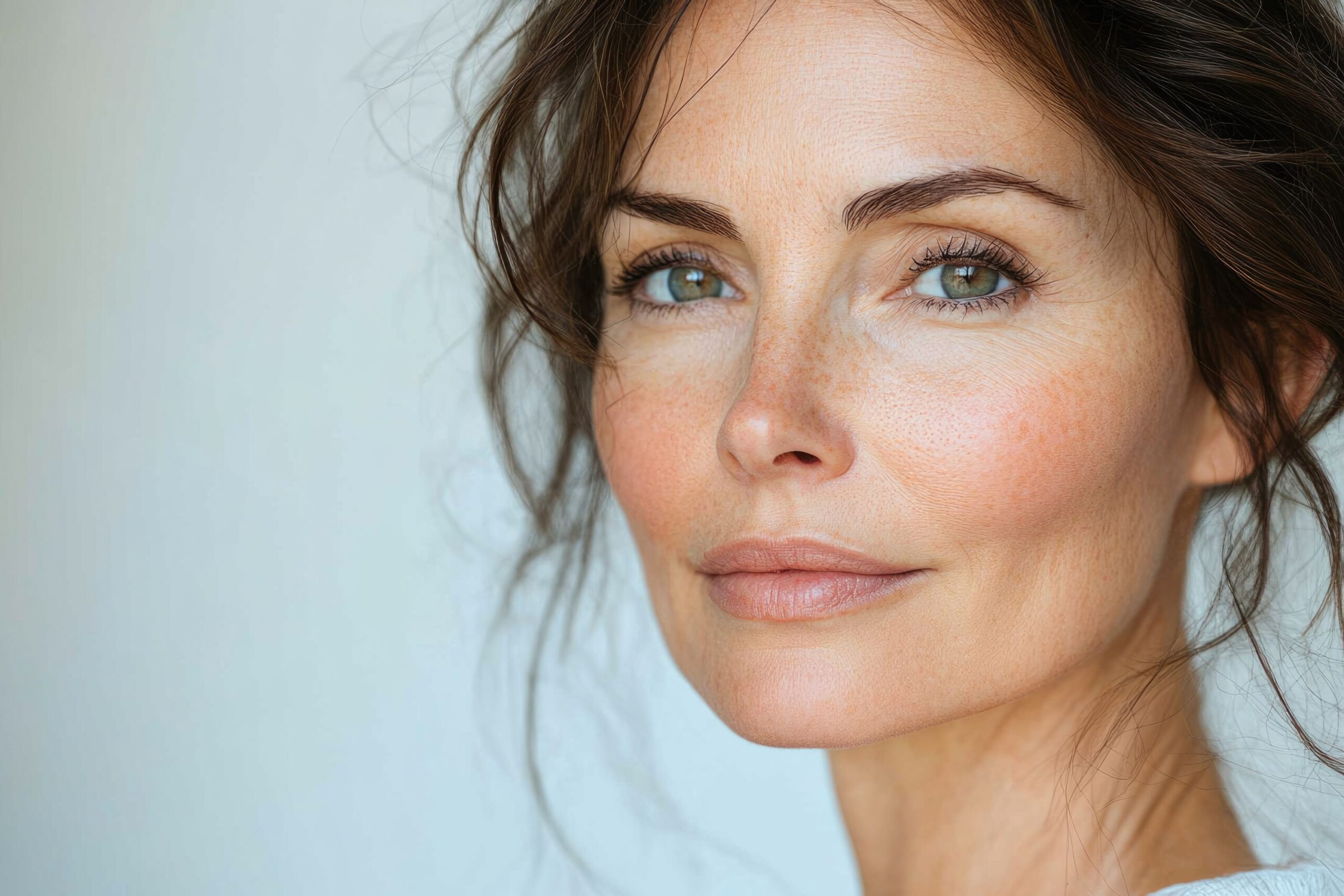Portrait rapproché d’une femme brune aux yeux clairs sur un fond bleu pâle.