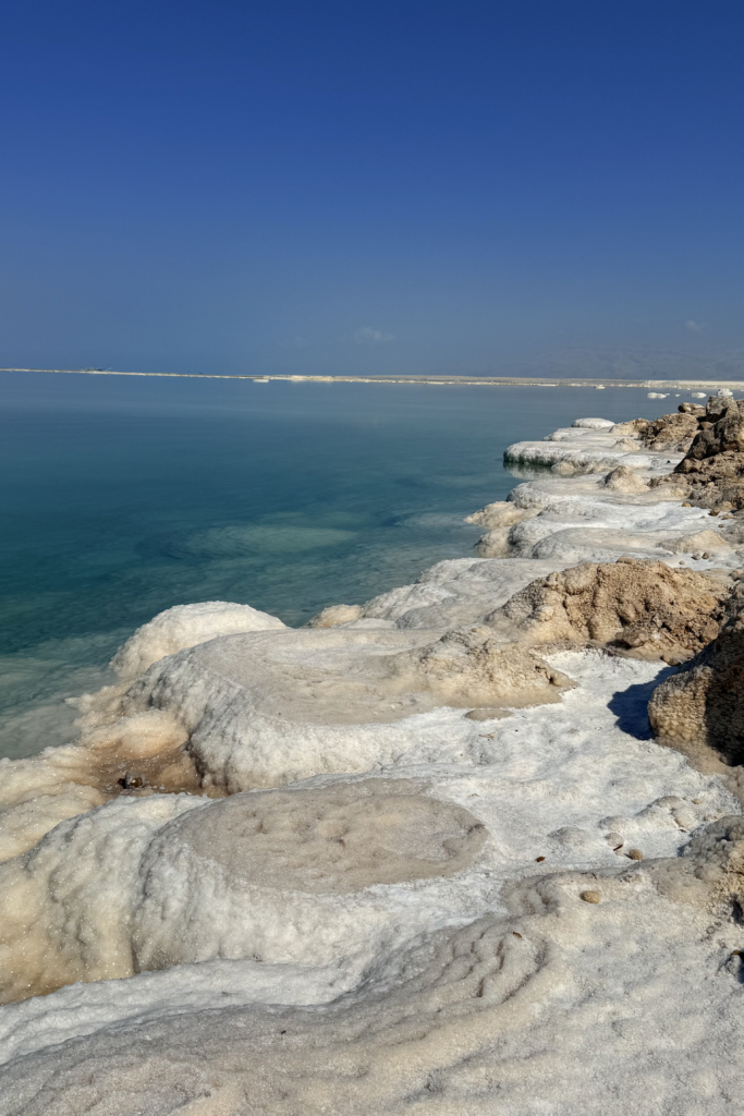 Rivage couvert de dépôts blancs de sel au bord de la Mer Morte, sous un ciel bleu.