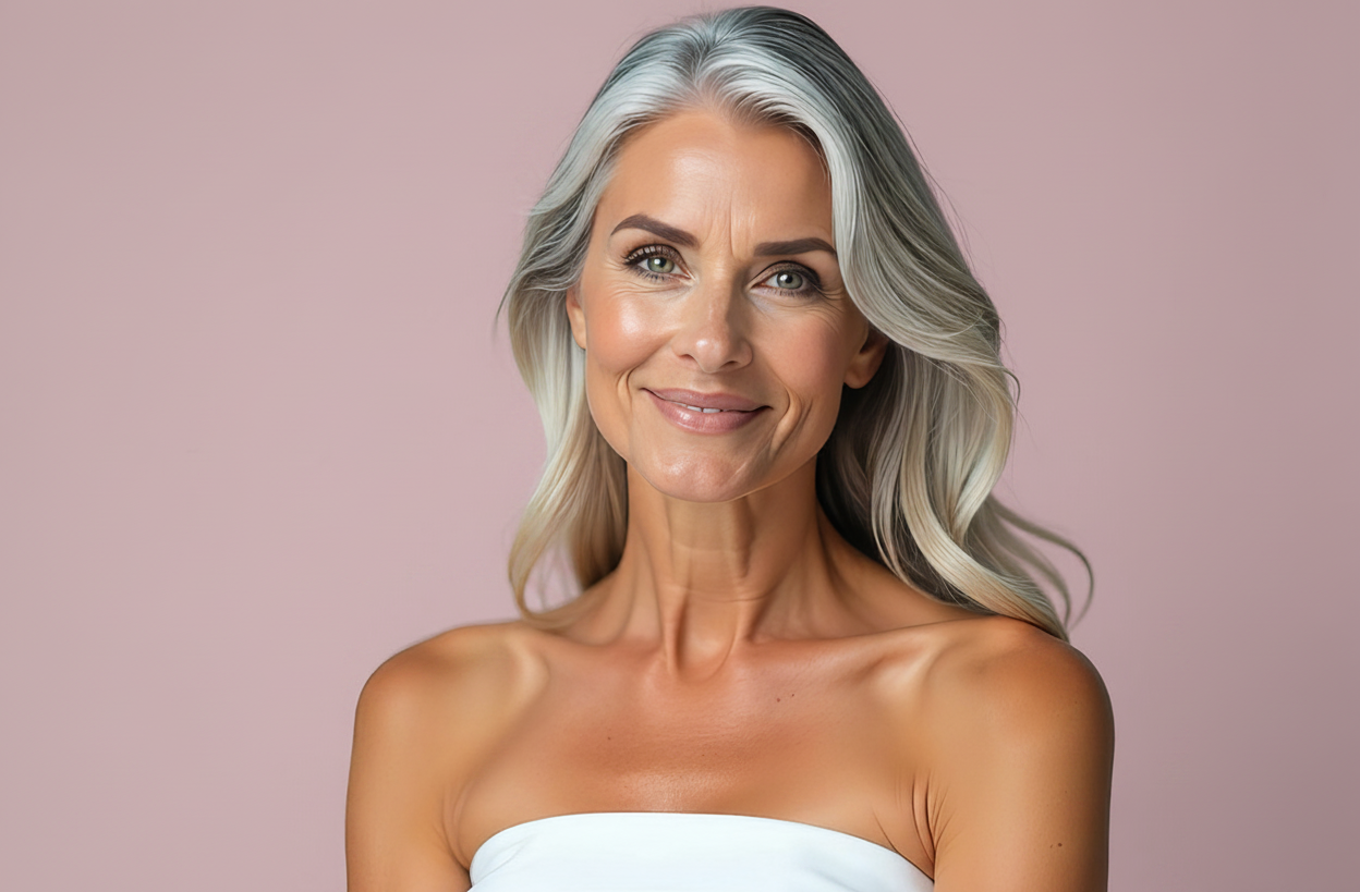 Portrait d’une femme souriante aux longs cheveux gris sur un fond rose.