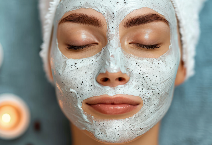 Gros plan d’un visage aux yeux fermés recouvert d’un masque cosmétique clair, entouré d’une serviette.