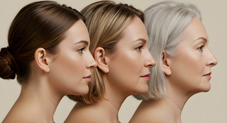 Composition de trois profils féminins d’âges différents, de la chevelure brune aux cheveux blancs.