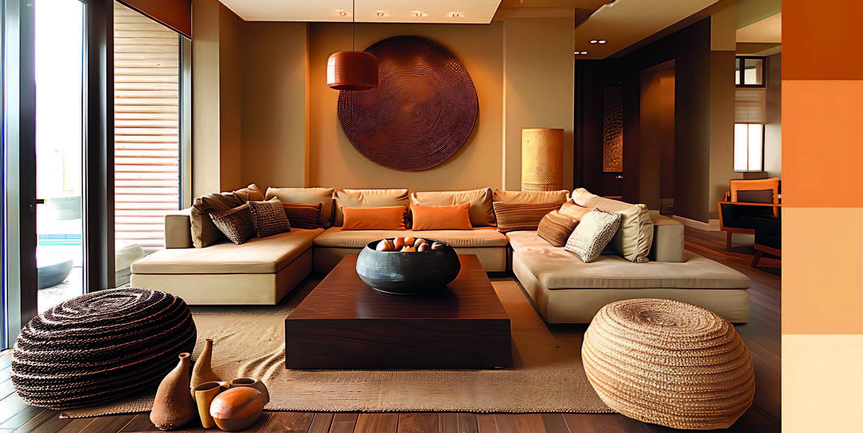 Salon aux tons ocre et beige avec canapé clair, table basse sombre et pouf rond tressé.